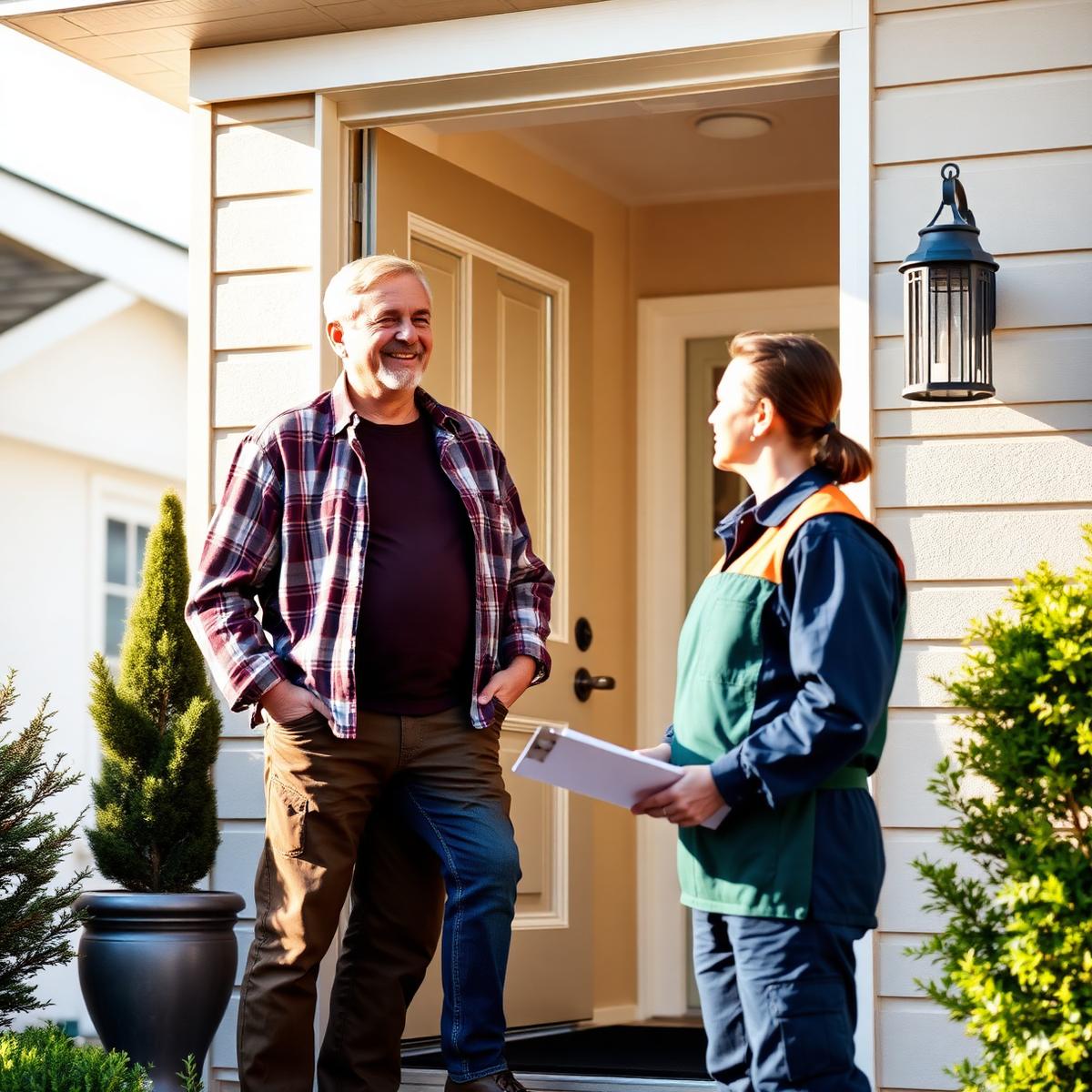 A homeowner speaking with a professional near a residential home. Person shown is an actor or model.